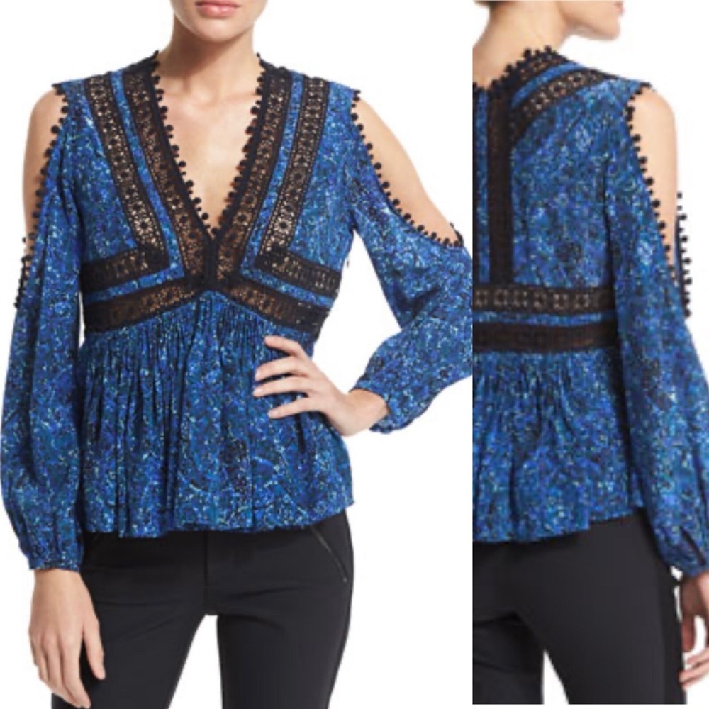 Anthropologie Rebecca Taylor Silk Blue Crochet Peplum Silk Babydoll Top Y2K 4